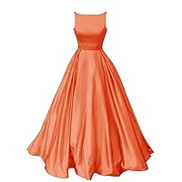 Prom Dresses Satin Long A-Line Formal Beaded Evening Gown with Pockets for Women Orange Size 16