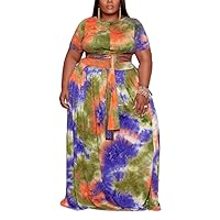 Yeshire Womens Plus Size 2 Piece Dress Outfits Solid Crop Top + Maxi Skirts Set