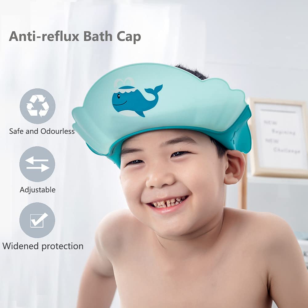 BORNINX Baby Shower Cap Silicone Bathing Hat Hair Washing Hat Waterproof Shampoo hat .Adjustable Shower Cap for Toddler Children（Seawater Blue，Head Circumference 15-24inch）