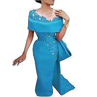 Women's Satin Side Split Formal Prom Gowns Dresses Beaded Pearls Party Dress