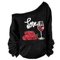 MAGICMK Woman’s Sweatershirt Lips Print Causal Blouse Off The Shoulder Long Sleeve Loose Slouchy Pullover Plus Size Tops