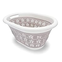 Camco Collapsible Laundry Basket | Features Simple Pop-Open & Collapse-Down Design | Waterproof for Easy Clean-Up | Measures 14.5” x 19.75” x 2.5”/10” Collapsed/Expanded, Taupe & White (51951)