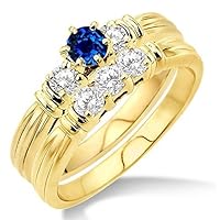 1.25 Carat Sapphire and Diamond Three Stone Bridal Set on 10k Yellow Gold