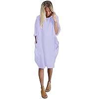 Women's Pocket Loose Dress Ladies Round Neck Casual Knee Length Dress Summer Dresses with Long Sleeves