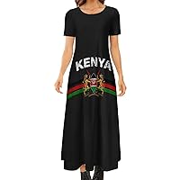 Kenyan Flag Women's Short Sleeve Crewneck Dress Casual Long Maxi Dresses