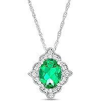 Oval Cut Emerald & Cubic Zirconia Scallop Frame Vintage-Style Pendant For Womens & Girls 14k White Gold Plated 925 Sterling Silver.
