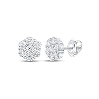 14kt White Gold Mens Round Diamond Flower Cluster Earrings 1-1/2 Cttw