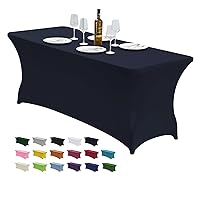 CWK 6FT Stretch Spandex Table Cover for Rectangular Fitted Folding Tables, Wrinkle Resistant, Elastic Stretchable Patio Tablecloth Protector for Party, Banquet, Wedding and Events (Navy Blue)