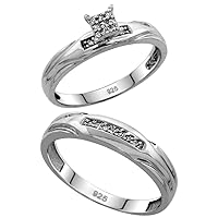 Genuine 925 Sterling Silver Diamond Trio Wedding Sets for Him and Her V Groove 3-piece 4.5mm & 3.5mm wide 0.13 cttw Brilliant Cut sizes 5-14