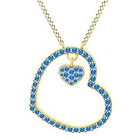 Round Cut Blue Topaz 925 Sterling Silver 14K Yellow Gold Over Diamond Double Heart Pendant Necklace
