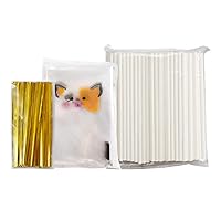300pcs Candy Making Lollipop Kit Including 100pcs Wrappers Bags, 100pcs Papery Treat Sticks, 100pcs Gold Metallic Twist Ties for Making Lollipops, Cake Pops, Candies, Chocolates and Cookies