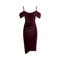 Dresses for Women Women's Dress Cold Shoulder Ruched Wrap Hem Velvet Dress Dresses