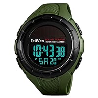 FeiWen Men's Large Dial Digital Solar Sports Watch 50M Waterproof LCD Outdoor Military Multifunction Plastic Case with Rubber Strap Watches for Women