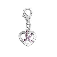 Crystal Pink Ribbon Heart Shaped Hanging Charms for Breast Cancer Awareness – Perfect for bracelets, purses, zipper pull, dog or cat collar