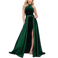 Women's Halter Split Long Prom Dresses Velvet Mermaid Evening Dresses with Detachable Train Blackish Green