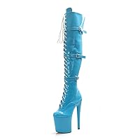 Strip Heels 20cm Blue Gothic Belt Buckle Exotic Dancer Over The Knee Boots 8Inch Round Toe Sexy Fetish Shoes Sexy Women Fetish