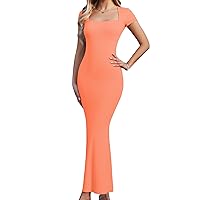 Women's Summer Casual Bodycon Maxi Dress Square Neck Short Sleeve Ribbed Dresses Cocktail Long Dress