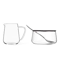 Viva Classic Glass Creamer and Sugar Set - Coffee and Tea Serving Set - Cream Pitcher 9.5 oz / 280ml and Sugar Bowl 12 oz / 350 ml with Cork Lid and Metal Spoon, Milk and Sugar for Coffee Bar