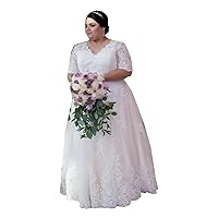 Plus Size V Neck Short Sleeves Sequins Bridal Ball Gowns with Train Lace Wedding Dresses for Bride 2022