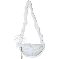 Quilted Puffer Fanny Pack with Cute Cat Keychain, Puffy Lightweight Crossbody Sling Waist Bag, Soft Padding Nylon Shoulder Chest Purse for Women (White)