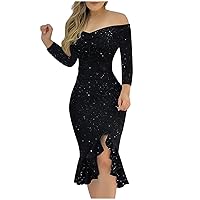 Women Sequin Glitter Midi Dress Off Shoulder Split Plus Size Bodycon Slim Fit Formal Evening Cocktail Prom Ball Gowns