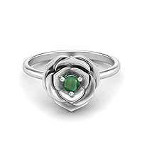 925 Sterling Silver 3MM Round Emerald Gemstone Blossom Rose Flower Engagement Ring For Women