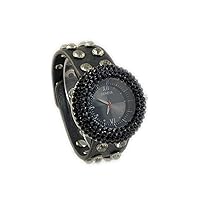 Geneva Platinum Women's Round Rhinestone-Accented Studded Faux Leather Snap Watch