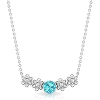 Created Round Cut Blue Topaz Gemstone 925 Sterling Silver 14K White Gold Over Diamond Flower Pendant Necklace for Women's & Girl's