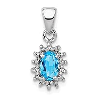 925 Sterling Silver Polished Prong set Open back Rhodium Lt Swiss Blue Topaz and Diamond Pendant Necklace Measures 16x7mm Wide Jewelry for Women
