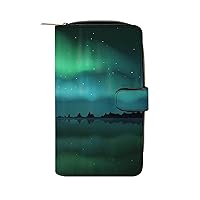 Northern Lights Aurora Borealis Womens Wallet Leather Card Holder Purse RFID Blocking Bifold Clutch Handbag with Zipper Pocket