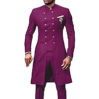 Men's 2 Piece African Suit Set Slim Fit Double Breasted Blazer and Pants Traditional Wedding Prom Tuxedo Suits (Purple,4X-Large)