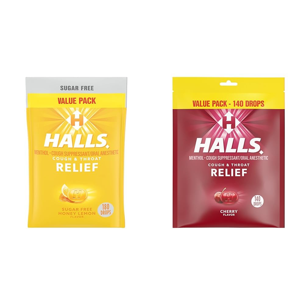 Halls Relief Honey Lemon Sugar Free Cough Drops, Value Pack, 180 Drops & Relief Cherry Cough Drops, Value Pack, 140 Drops