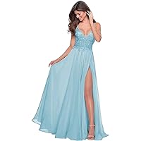 Spaghetti Straps Chiffon Bridesmaid Dresses Side Slit Long Lace Applique V-Neck Formal Evening Party Gowns