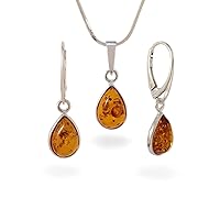 Baltic Amber jewelry set, Drop Pendant Necklace & dangle earring, Sterling Silver, Real Amber, Gift Jewelry