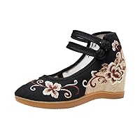 Women Embroidered Cotton Fabric Shoes Female Ethnic Ankle Strap Wedge Pumps Vintage Dance Shoes with Buttons Black 4.5