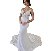 Women's Spaghetti Strap Lace Beach Mermaid Wedding Dresses for Bride with Train Illusion Bridal Ball Gowns Long