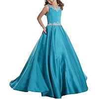 Girls' Satin Beaded Pageant Dress With Pockets A Line Off Shoulder Princess Ball Gown 4 Teal-a
