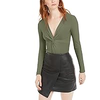 Womens Ribbed Twist Front Bodysuit Green M