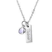 Skinny Mini Vertical Bar Necklace with Light Purple Birthstone Personalized Long Name Stainless Steel Jewelry for Women
