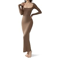 PUMIEY Women's Square Neck Long Sleeve Maxi Dress Ribbed Bodycon Dresses for Women Soft Lounge Dress