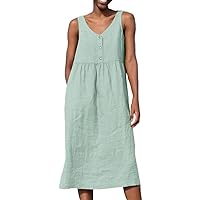 Women's Summer Dresses Ladies Dress Fashion Womens Solid Color V Neck Button Loose Sleeveless Dress(BU1,Small)