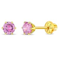 14k Yellow Gold 4mm Solitaire Round Simulated Birthstone Screw Back Stud Earrings for Girls - Small Stud Earrings for Kids with Safety Screw Back Locking