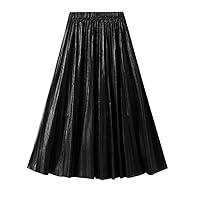 Metallic Shiny Skirt for Women Spring Fashionable A Line High Waist Pleated Midi Long Skirt Female Gold Silver