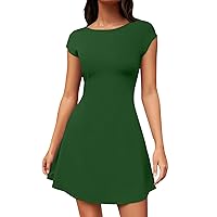 My Orders Summer Mini Dresses for Women 2024 Crewneck Cap Sleeve Going Out a Line Dress Flare Short Sleeve Stretchy Mini Basic Dresses Spring Sale 2024(1-Khaki,Small)