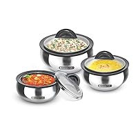 MILTON Clarion Jr. Inner Steel Casserole With Glass Lid, 570 ml, 1220 ml, 1950 ml (19 oz/ 41 oz/ 66 oz) Thermal Serving Bowl, Insulated Hot Pot, Keeps Food Hot & Cold BPA Free | Set of 3, Steelplain