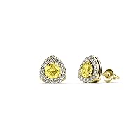 Round Yellow Sapphire Natural Diamond 1/2 ctw Trillion Shape Stud Earrings 14K Yellow Gold