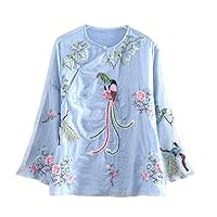 Spring Summer Women's Plaid Shirt Embroidered Vintage Shirt Traditional Chinese Hanfu Tang Suit Top