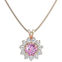 Beautiful Round Shape Created Pink Sapphire & Cubic Zirconia 925 Sterling Sliver Halo Cluster Pendant Necklace for Women's,Girls 14K White/Yellow/Rose Gold Plated