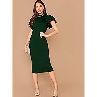 Dresses for Women Women's Dress Layered Flutter Sleeve Split Back Bodycon Dress Dresses (Color : Dark Green, Size : X-Small)