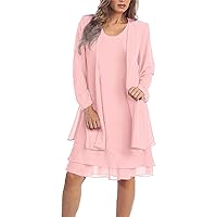 Women's Tiered Jacket Dress Chiffon Mother of The Bride Dresses Long Sleeve Knee Length Two-Piece Leisure and Comfort
